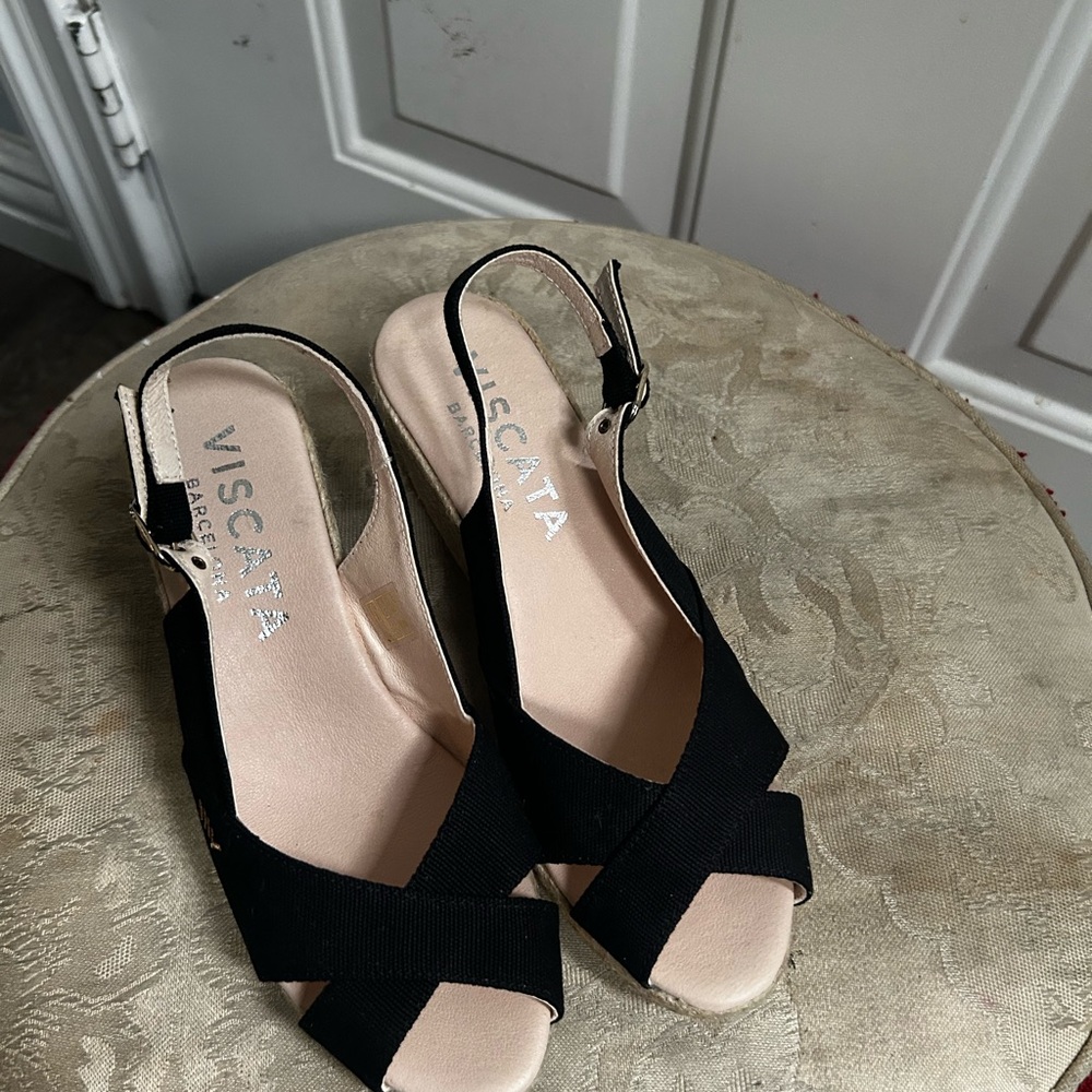 Viscata Barcelona Black Espadrille Wedge Open toe Slingback Espadrille Wedge - Picture 2 of 14